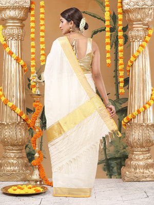 Off White Cotton Set Saree with Golden Kasavu With Orange Border and Golden Kasavu Accents On Pallu
