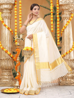 Off White Cotton Set Saree with Golden Kasavu With Orange Border and Golden Kasavu Accents On Pallu
