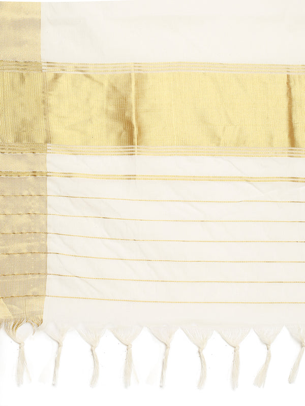 Off White Cotton Set Saree with Golden Kasavu With Orange Border and Golden Kasavu Accents On Pallu