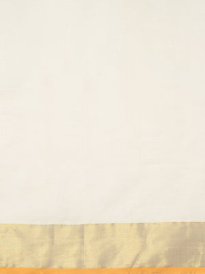 Off White Cotton Set Saree with Golden Kasavu With Orange Border and Golden Kasavu Accents On Pallu