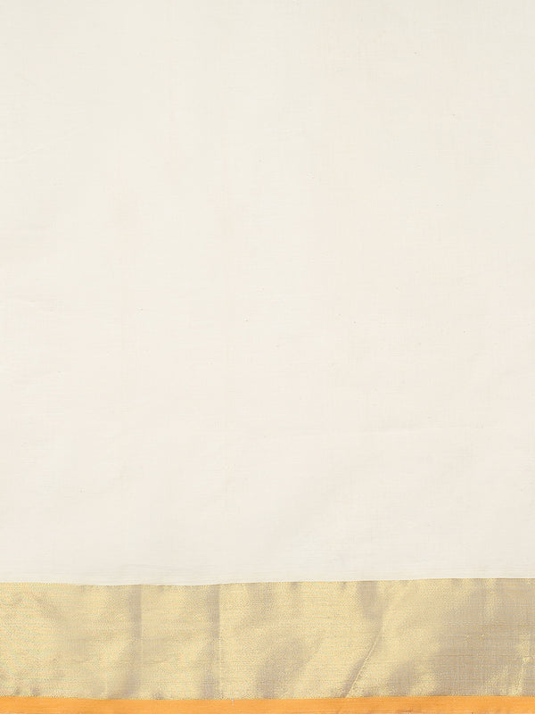 Off White Cotton Set Saree with Golden Kasavu With Orange Border and Golden Kasavu Accents On Pallu