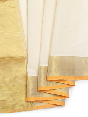 Off White Cotton Set Saree with Golden Kasavu With Orange Border and Golden Kasavu Accents On Pallu