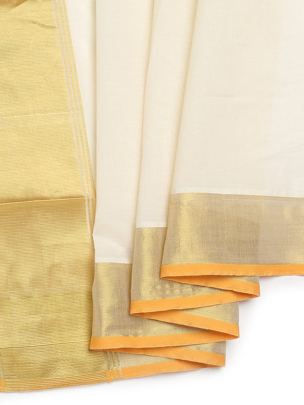 Off White Cotton Set Saree with Golden Kasavu With Orange Border and Golden Kasavu Accents On Pallu