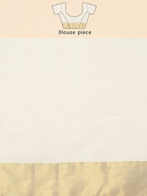 Off White Cotton Set Saree with Golden Kasavu With Orange Border and Golden Kasavu Accents On Pallu