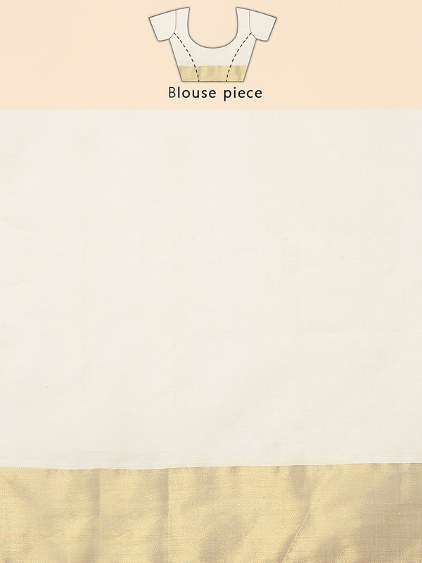 Off White Cotton Set Saree with Golden Kasavu With Orange Border and Golden Kasavu Accents On Pallu