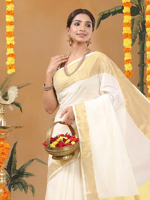 Off-White Cotton Set Saree with Dual Yellow Kasavu Border and Golden-Off White Tassels