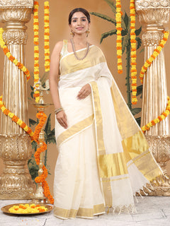 Off-White Cotton Set Saree with Dual Yellow Kasavu Border and Golden-Off White Tassels