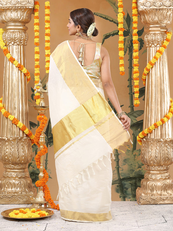 Off-White Cotton Set Saree with Dual Yellow Kasavu Border and Golden-Off White Tassels