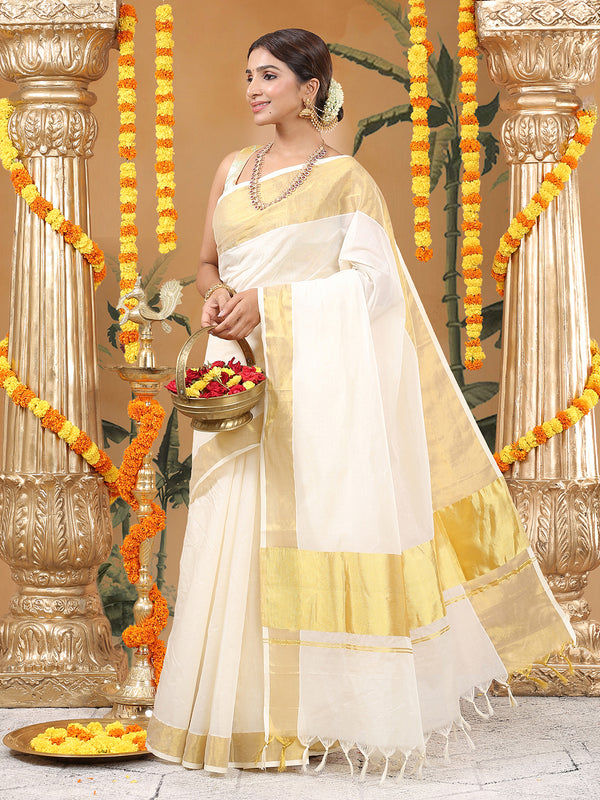 Off-White Cotton Set Saree with Dual Yellow Kasavu Border and Golden-Off White Tassels