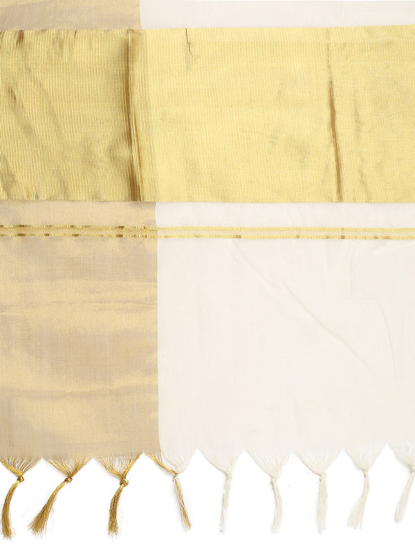 Off-White Cotton Set Saree with Dual Yellow Kasavu Border and Golden-Off White Tassels
