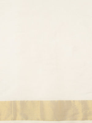 Off-White Cotton Set Saree with Dual Yellow Kasavu Border and Golden-Off White Tassels