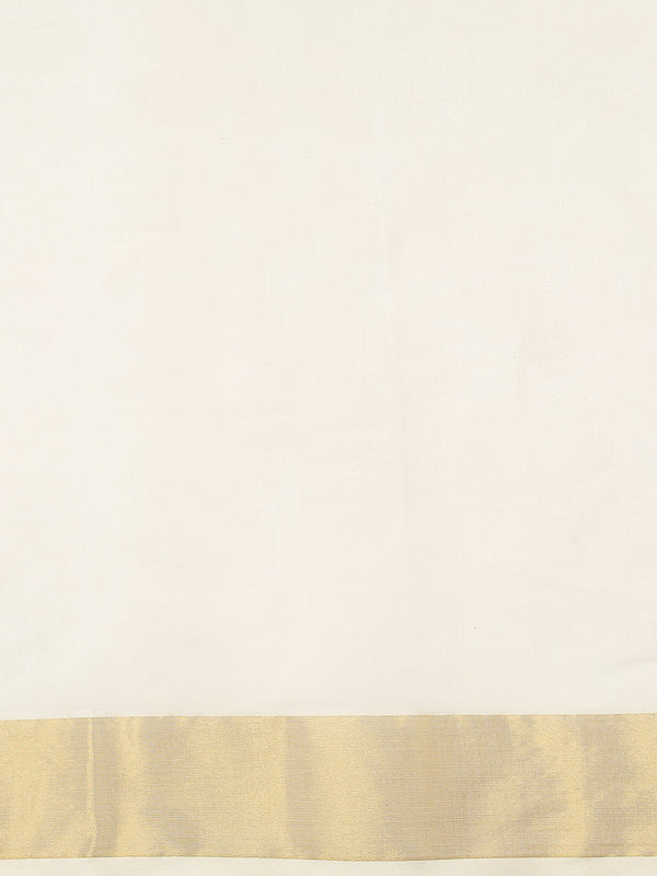 Off-White Cotton Set Saree with Dual Yellow Kasavu Border and Golden-Off White Tassels