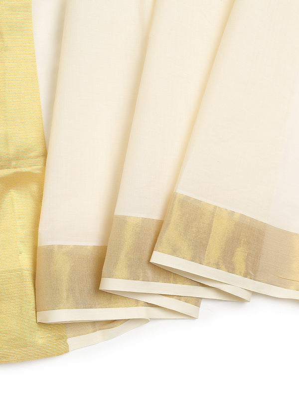 Off-White Cotton Set Saree with Dual Yellow Kasavu Border and Golden-Off White Tassels
