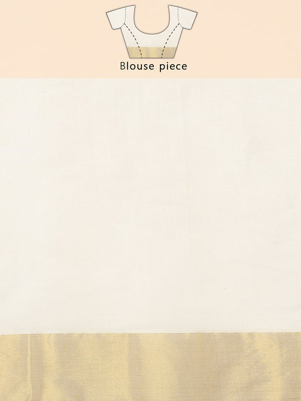 Off-White Cotton Set Saree with Dual Yellow Kasavu Border and Golden-Off White Tassels