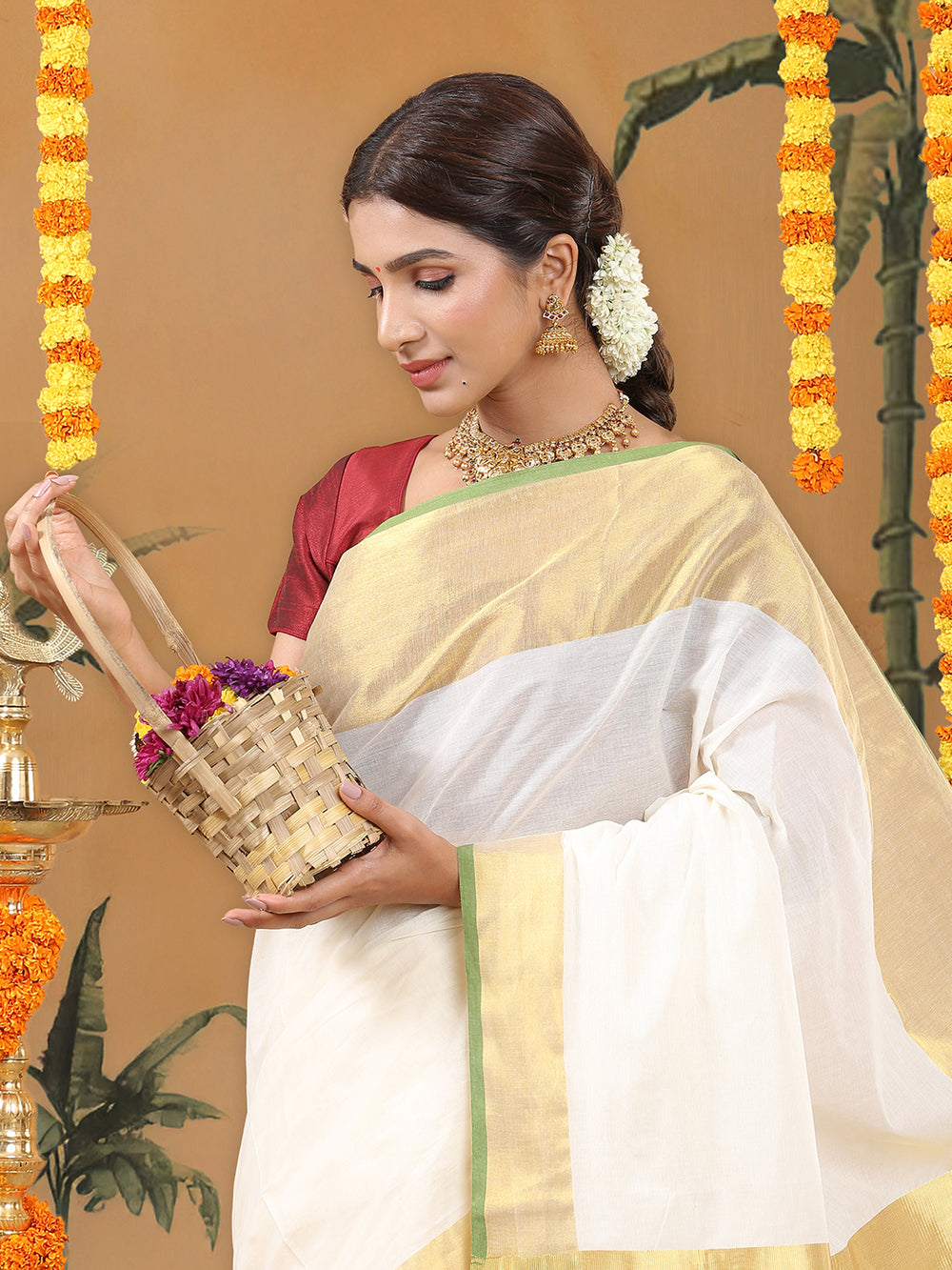 Off White Cotton Set Saree with Olive Green Highlights and Dual Kasavu Borders