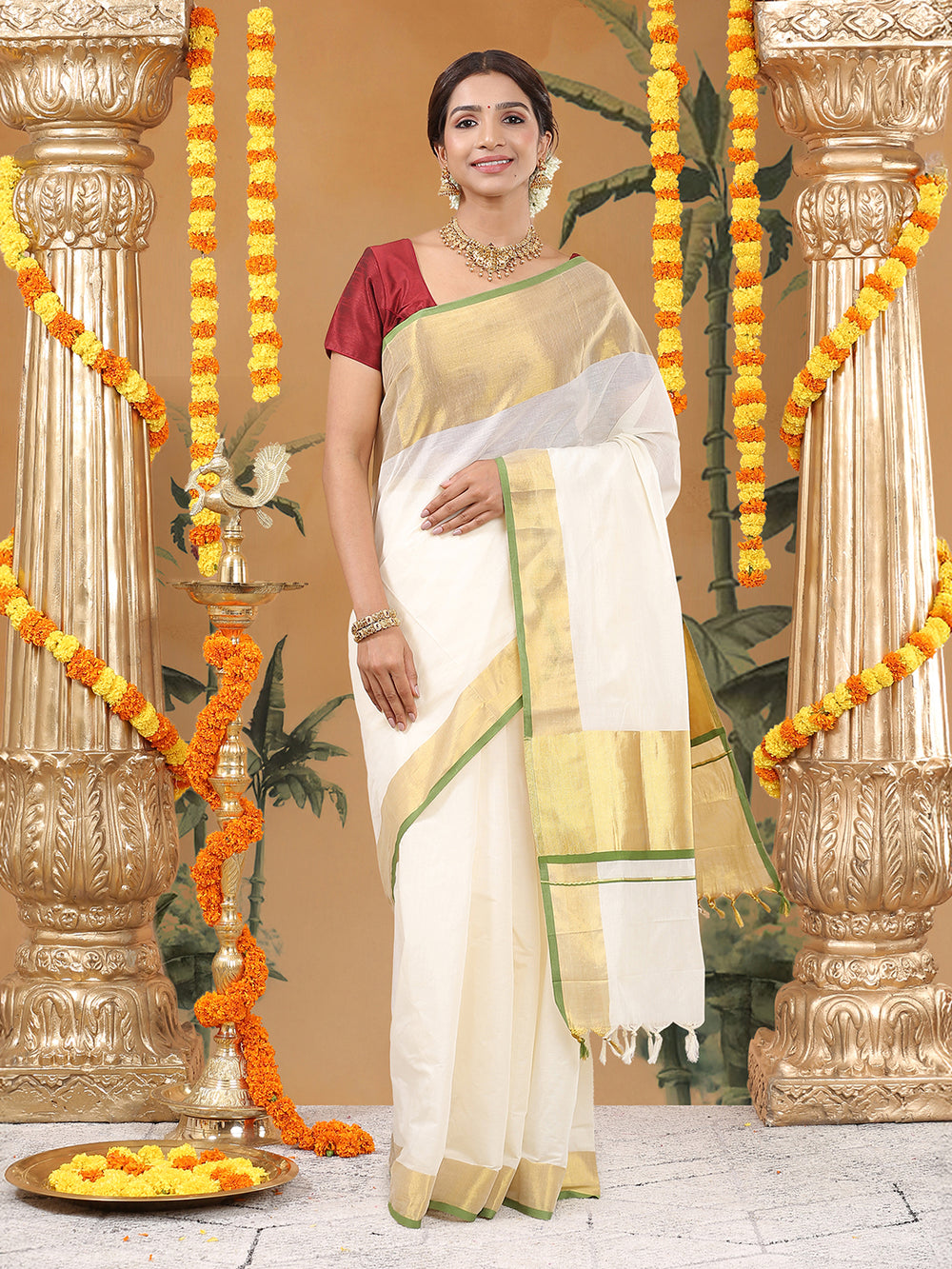 Off White Cotton Set Saree with Olive Green Highlights and Dual Kasavu Borders