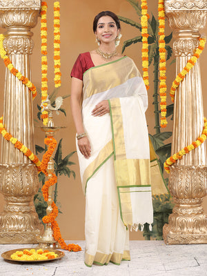 Off White Cotton Set Saree with Olive Green Highlights and Dual Kasavu Borders