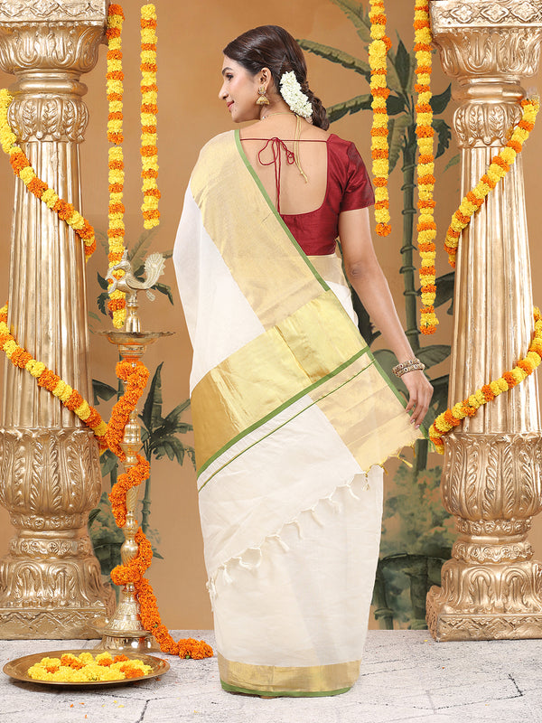 Off White Cotton Set Saree with Olive Green Highlights and Dual Kasavu Borders