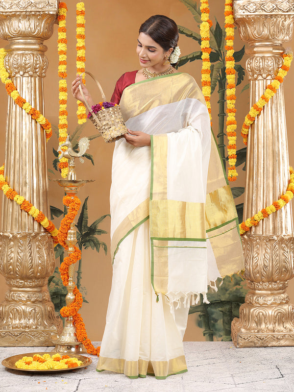 Off White Cotton Set Saree with Olive Green Highlights and Dual Kasavu Borders