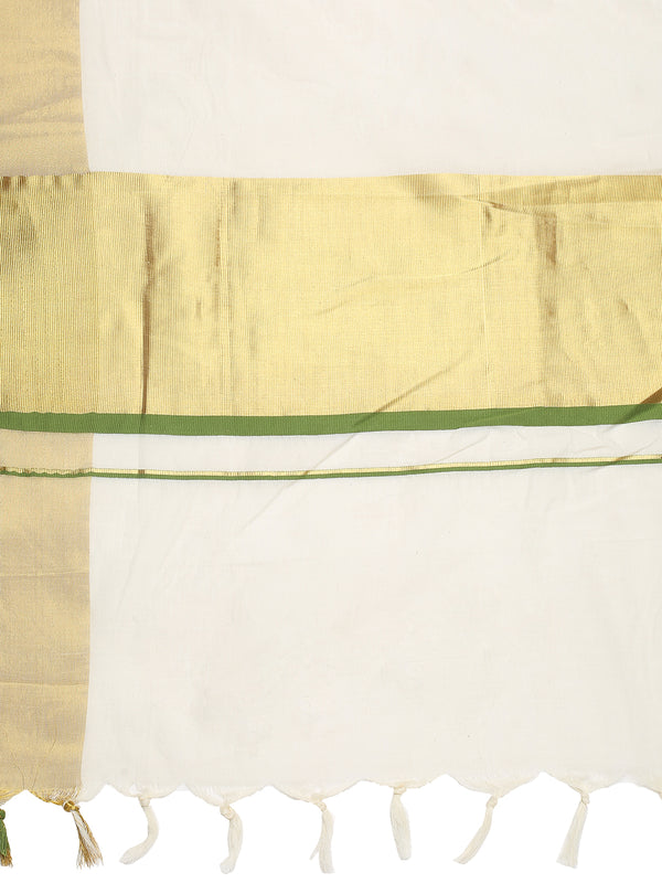 Off White Cotton Set Saree with Olive Green Highlights and Dual Kasavu Borders