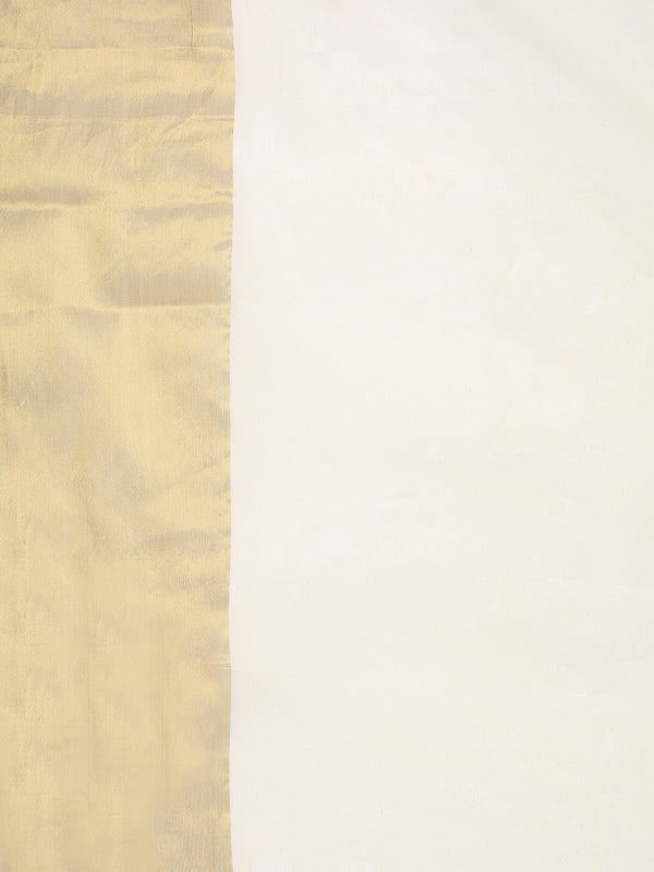 Off White Cotton Set Saree with Olive Green Highlights and Dual Kasavu Borders