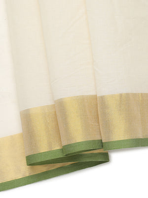 Off White Cotton Set Saree with Olive Green Highlights and Dual Kasavu Borders