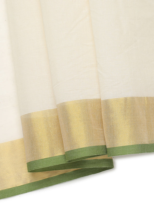 Off White Cotton Set Saree with Olive Green Highlights and Dual Kasavu Borders