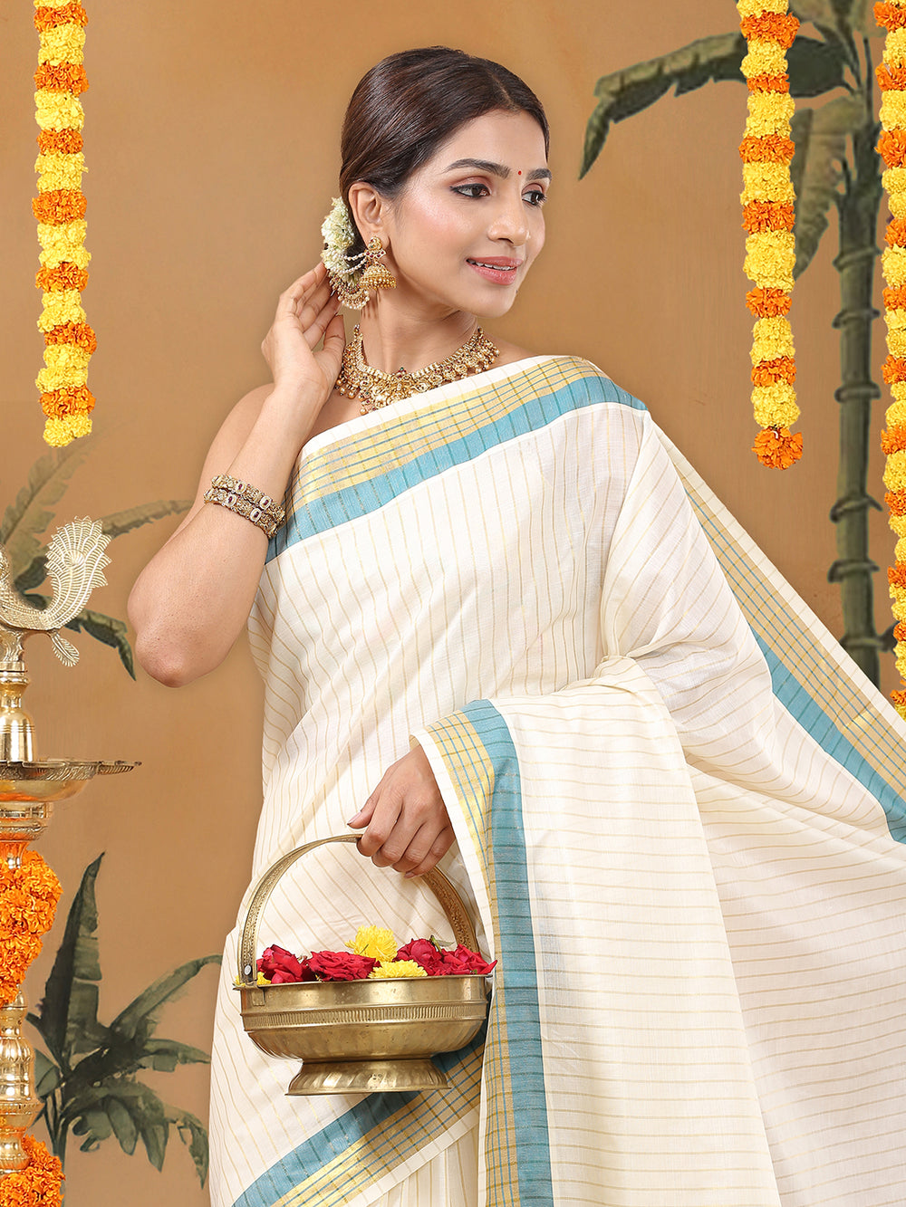 Off-White Cotton Striped Set Saree with Teal Green Kasavu Border and Tassels