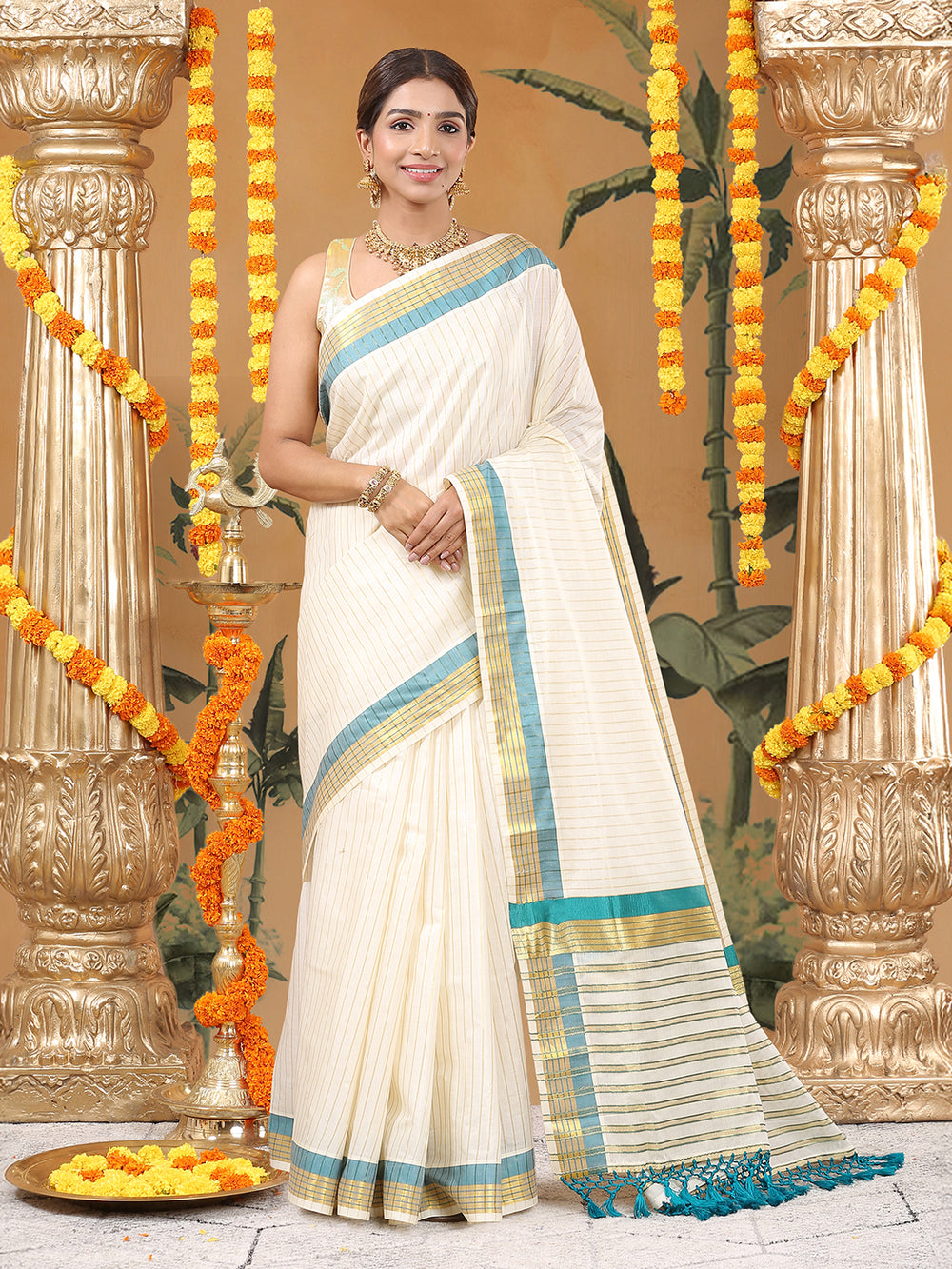 Off-White Cotton Striped Set Saree with Teal Green Kasavu Border and Tassels