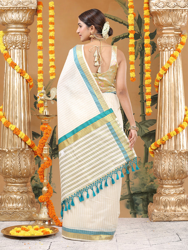 Off-White Cotton Striped Set Saree with Teal Green Kasavu Border and Tassels