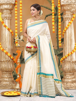 Off-White Cotton Striped Set Saree with Teal Green Kasavu Border and Tassels
