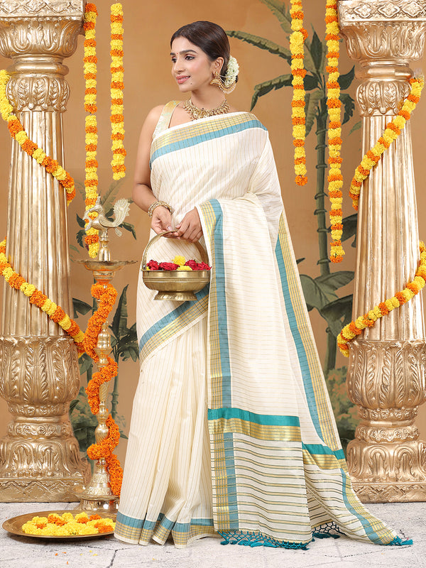 Off-White Cotton Striped Set Saree with Teal Green Kasavu Border and Tassels