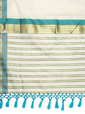 Off-White Cotton Striped Set Saree with Teal Green Kasavu Border and Tassels