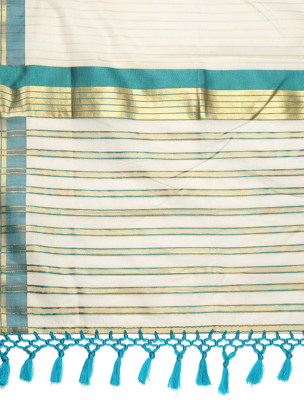 Off-White Cotton Striped Set Saree with Teal Green Kasavu Border and Tassels