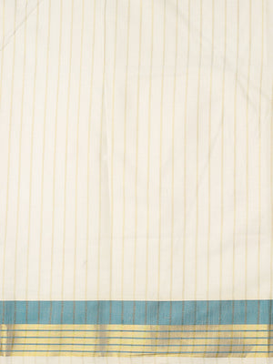 Off-White Cotton Striped Set Saree with Teal Green Kasavu Border and Tassels