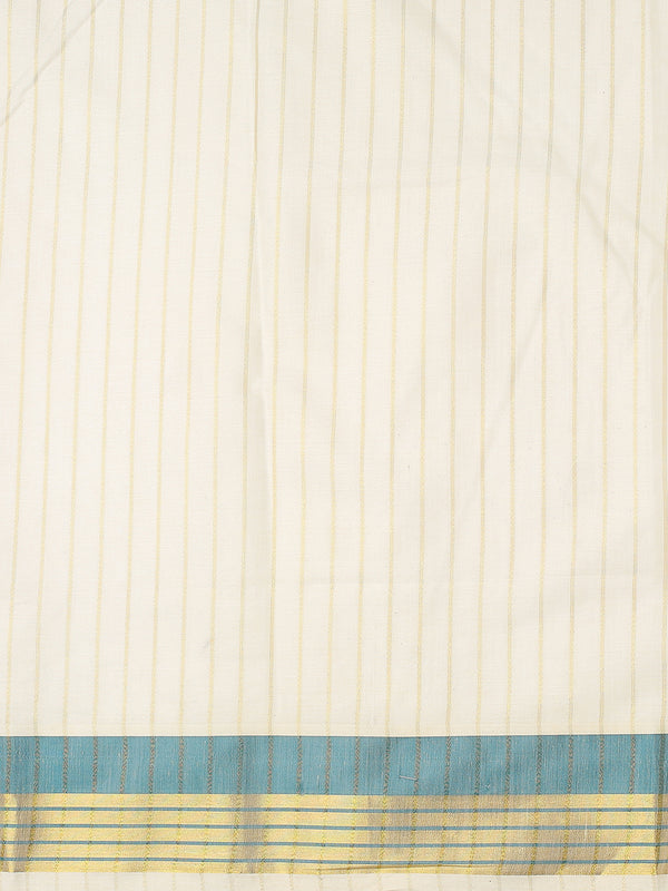 Off-White Cotton Striped Set Saree with Teal Green Kasavu Border and Tassels