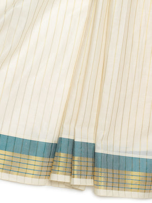 Off-White Cotton Striped Set Saree with Teal Green Kasavu Border and Tassels