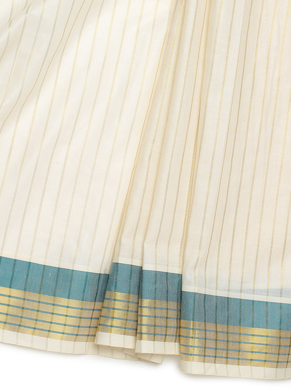 Off-White Cotton Striped Set Saree with Teal Green Kasavu Border and Tassels