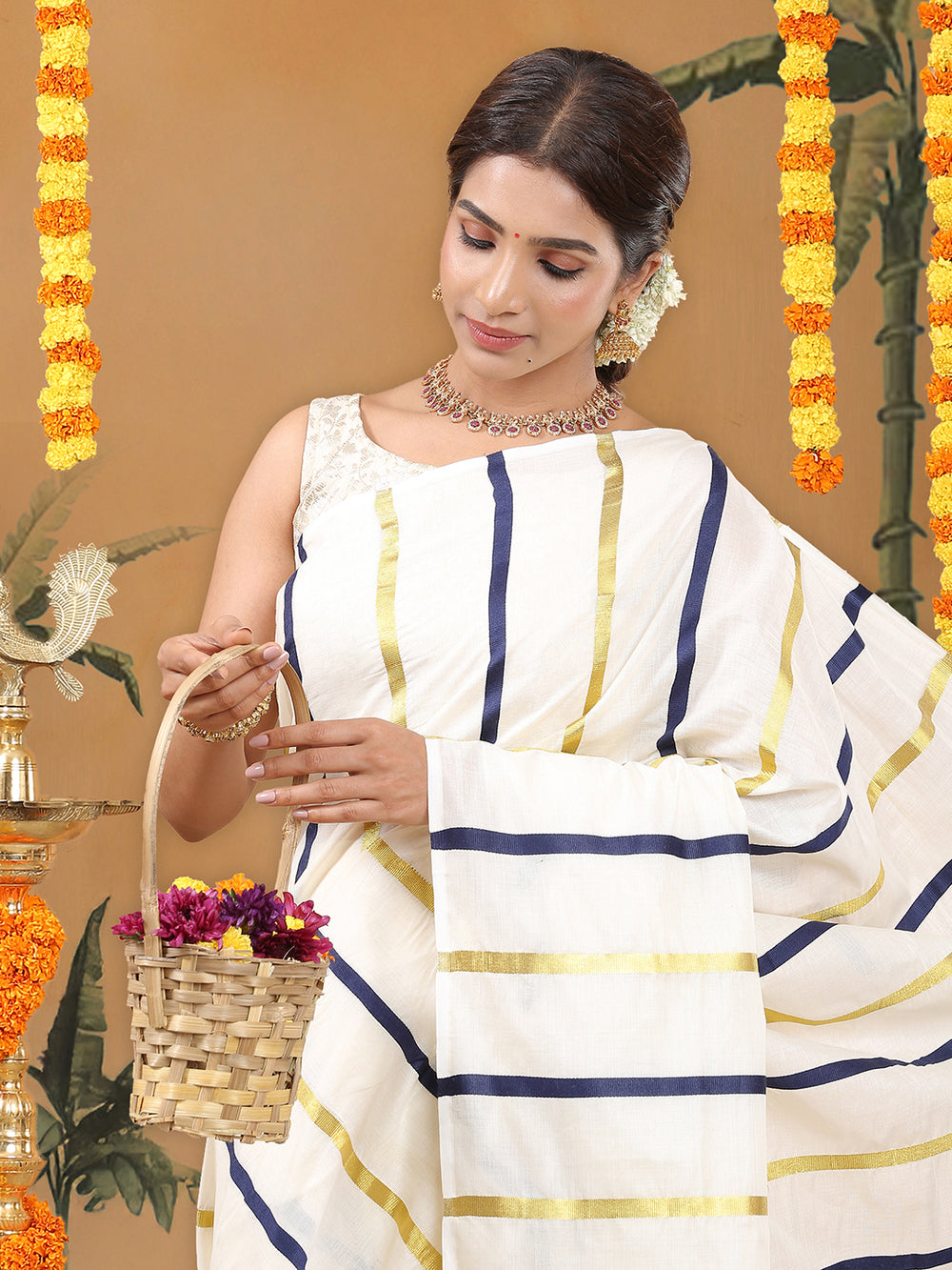 Off-White Borderless Cotton Saree with Navy Stripes & Long Kasavu Pallu