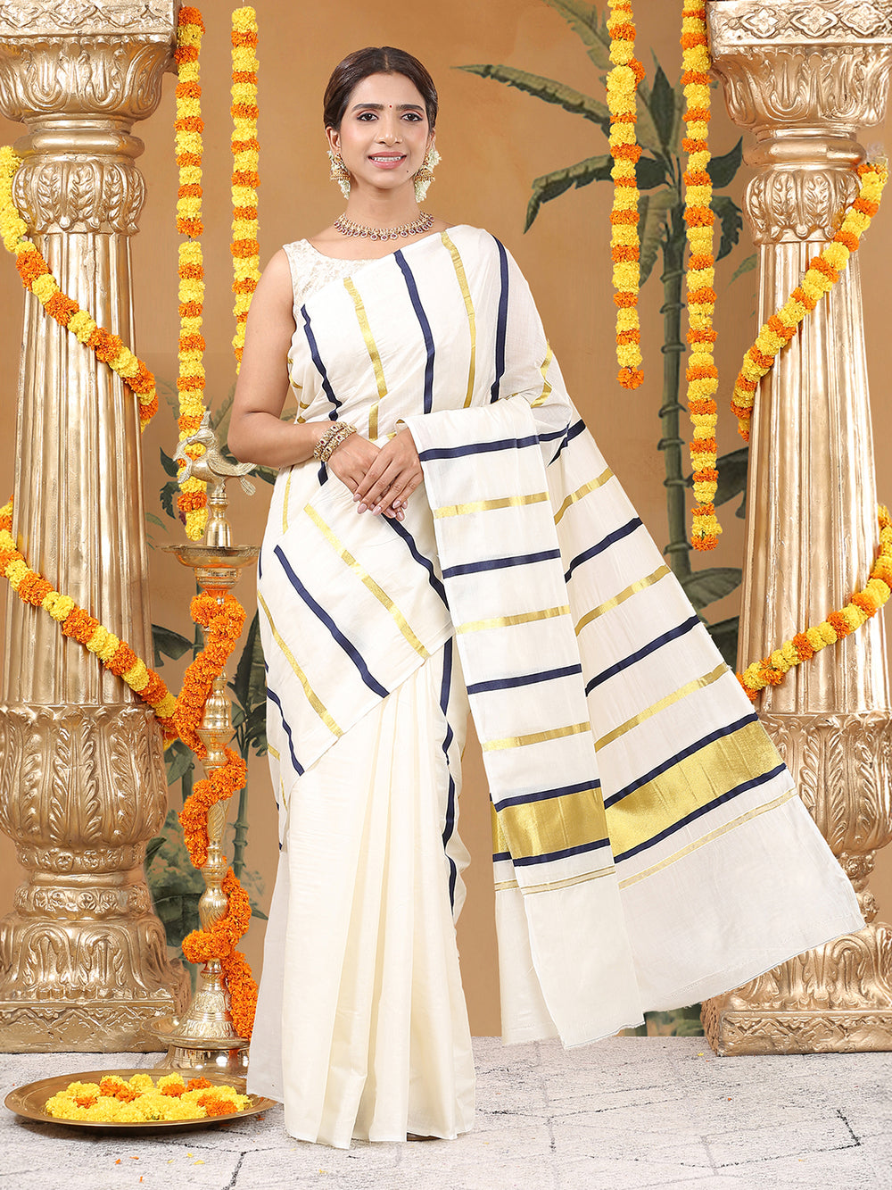 Off-White Borderless Cotton Saree with Navy Stripes & Long Kasavu Pallu