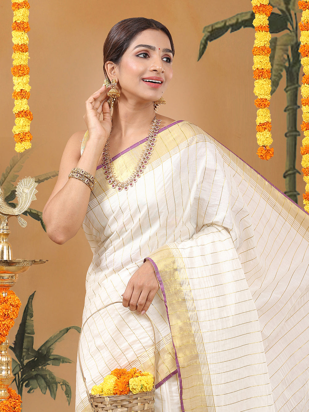 Off-White Cotton Set Saree with Purple-Golden Accents and Golden Thread Stripes