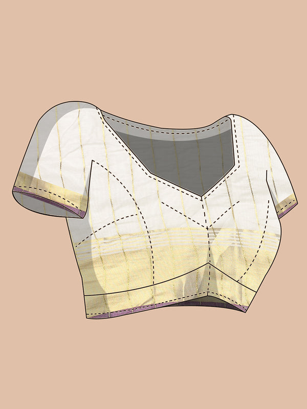 Off-White Cotton Set Saree with Purple-Golden Accents and Golden Thread Stripes