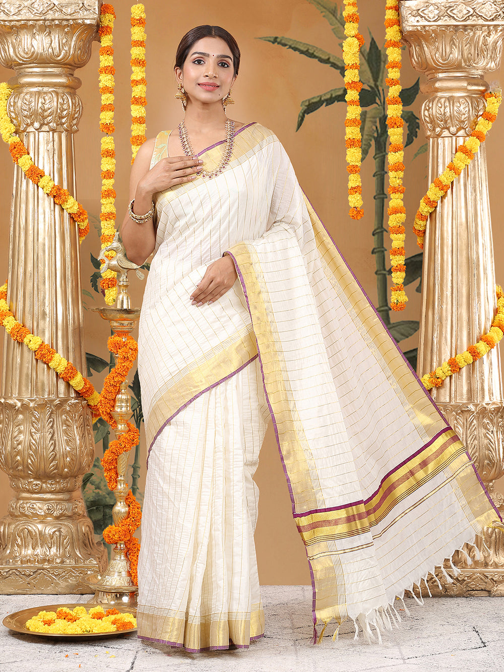 Off-White Cotton Set Saree with Purple-Golden Accents and Golden Thread Stripes