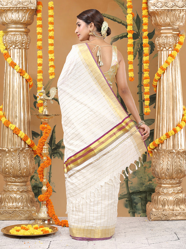 Off-White Cotton Set Saree with Purple-Golden Accents and Golden Thread Stripes