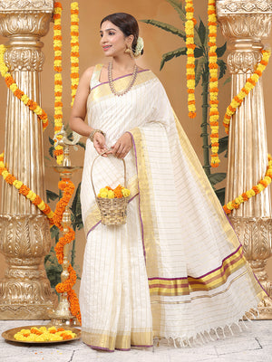 Off-White Cotton Set Saree with Purple-Golden Accents and Golden Thread Stripes