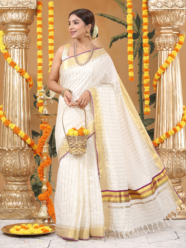 Off-White Cotton Set Saree with Purple-Golden Accents and Golden Thread Stripes