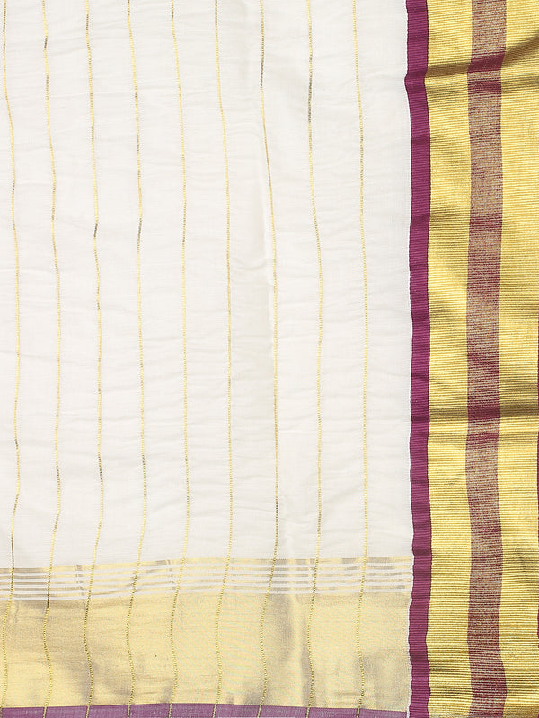 Off-White Cotton Set Saree with Purple-Golden Accents and Golden Thread Stripes