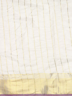 Off-White Cotton Set Saree with Purple-Golden Accents and Golden Thread Stripes