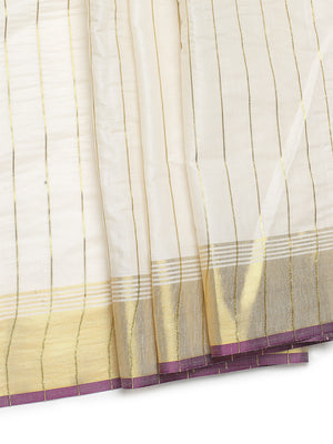 Off-White Cotton Set Saree with Purple-Golden Accents and Golden Thread Stripes