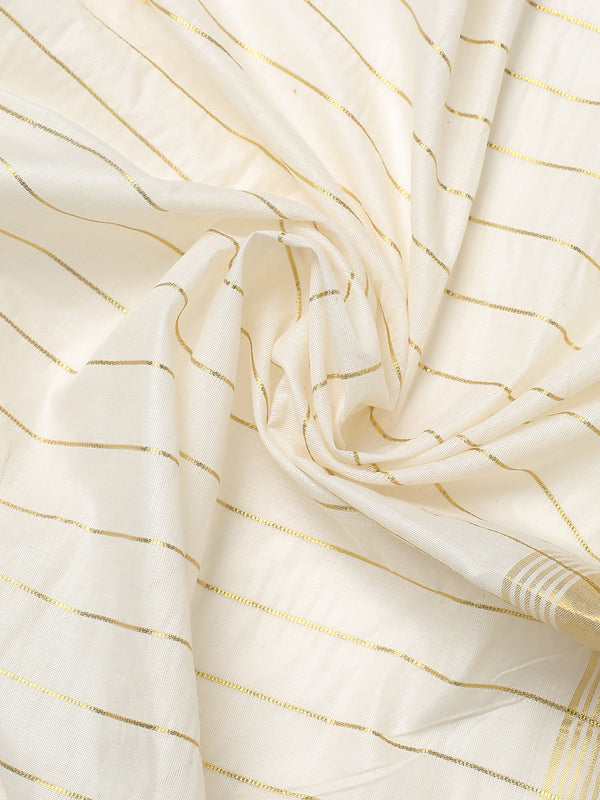 Off-White Cotton Set Saree with Purple-Golden Accents and Golden Thread Stripes